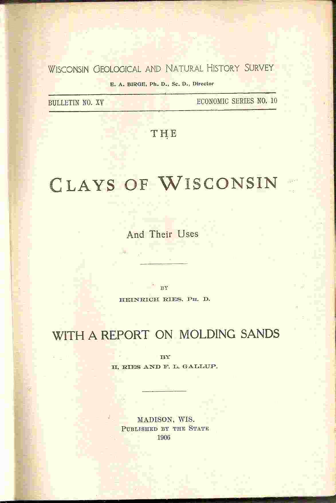 Image for THE CLAYS OF WISCONSIN (BULLETIN NO. XV, NO 10) And Their Uses (With a Report on MOLDING SANDS) by H. Ries & F. L. Gallup